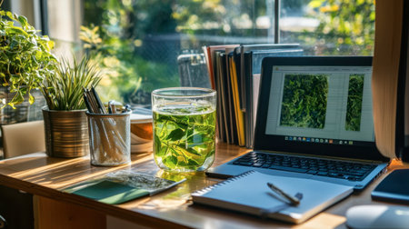 A bright and inviting workspace showcasing a laptop, a glass of herbal tea, and an array of green plants, creating a serene environment for productivity and creativity.の素材