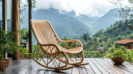 A beautifully designed rocking chair sits on a wooden deck, surrounded by lush mountains and greenery, offering a peaceful retreat for relaxation and enjoyment of nature.の素材