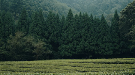 A peaceful landscape featuring lush tea fields bordered by a dense forest, under a soft mist, capturing the essence of tranquility in nature's embrace.の素材