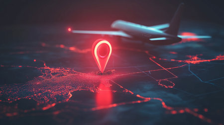 A striking visualization of modern travel and navigation, showcasing a glowing location pin on a digital map with an airplane, symbolizing connectivity and exploration in the digital age.の素材