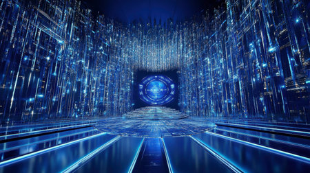 Vibrant digital environment featuring glowing blue lights and abstract data visuals, ideal for technology themes and sci-fi concepts in various media.の素材