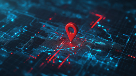 A vibrant 3D illustration featuring a digital map and a prominent geolocation marker, symbolizing advanced navigation technology and smart city themes.の素材