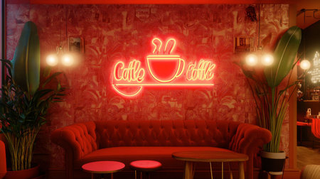 A beautifully designed cafe interior featuring a neon coffee sign, stylish seating, and lush plants, creating a warm and inviting space for socializing or relaxing.の素材