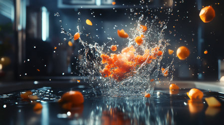 This striking image showcases a vibrant splash of orange carrots colliding with clear water, emphasizing the freshness and vitality of healthy ingredients in a modern kitchen setting.の素材