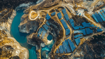 Stunning aerial perspective of a quarry site featuring solar panels, water bodies, and surrounding vegetation, emphasizing the balance between industry and ecology through sustainable energy initiatives.の素材