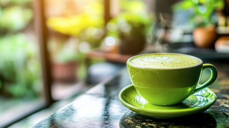 A vibrant green coffee cup placed on a stone table, exuding warmth and comfort, with beautiful greenery in the background and soft morning light enhancing the cozy cafの素材