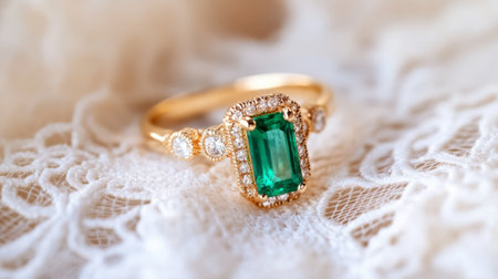 Stunning gold ring featuring an emerald centerpiece with diamond accents, set against a soft lace backdrop, perfect for showcasing beauty and elegance in jewelry photography.の素材