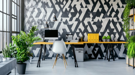 A bright and modern home office showcasing a geometric wall pattern, stylish furniture, and vibrant indoor plants, creating an inspiring and productive workspace atmosphere.の素材