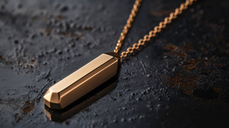 This image showcases a sleek gold pendant necklace resting on a dark, textured surface, highlighting its luxurious design and elegance, ideal for jewelry marketing or editorial use.の素材