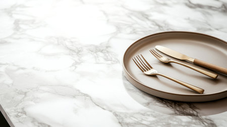 Discover an elegant dining setup featuring gold cutlery on a minimalist marble table, creating an inviting scene perfect for food photography and modern home decor inspiration.の素材