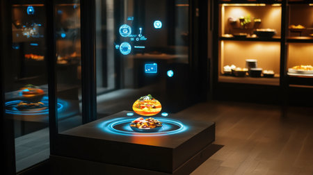 Experience a cutting-edge dining environment featuring a holographic food display within a stylish restaurant, creating an immersive and modern culinary journey.の素材