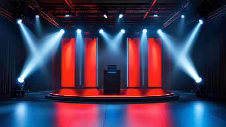 A sleek modern stage featuring vibrant red lighting and spotlights, perfect for captivating presentations or performances in any professional venue or event setting.の素材