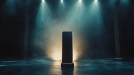 A striking black monolith stands alone in a dark space, dramatically illuminated by beams of light and surrounded by ethereal smoke. Perfect for themes of mystery and exploration.の素材