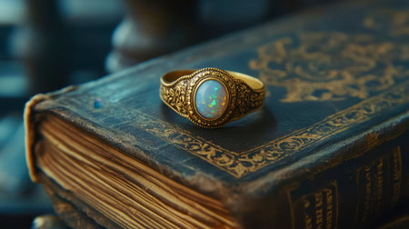 A beautiful vintage gold ring featuring a stunning opal stone, elegantly displayed on an antique, weathered book, evoking memories of timeless elegance and classic beauty.の素材