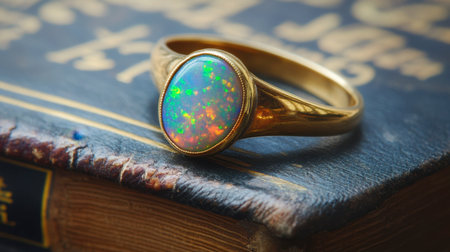 A stunning vintage gold ring featuring a colorful opal gemstone, beautifully displayed on an antique leather-bound book, capturing timeless elegance and intricate design.の素材