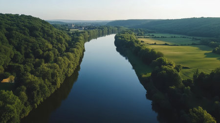 A breathtaking aerial view of a tranquil river winding through lush green hills and open fields, showcasing nature's serene beauty under soft morning light.の素材