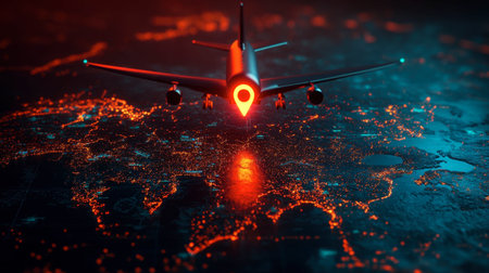 A stunning visual of a futuristic airplane flying over a vibrant city lit up at night, emphasizing the interplay of technology, urban life, and global connectivity.の素材
