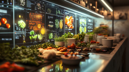 A modern kitchen featuring vibrant fresh ingredients alongside digital screens displaying recipes and nutritional information, ideal for innovative culinary experiences.の素材