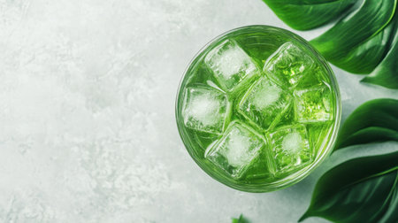A top view of a refreshing green drink with ice cubes, set against a light textured background and surrounded by lush green leaves, perfect for highlighting summer vibes.の素材