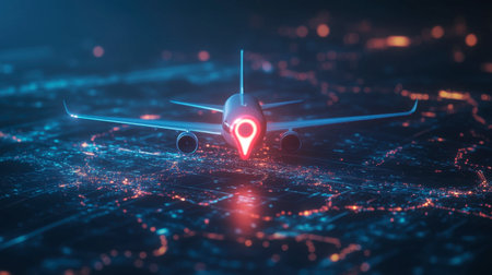 A futuristic airplane hovers over a dazzling cityscape at night, featuring a vibrant navigation pin, symbolizing connectivity and exploration in modern travel.の素材