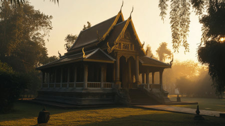 This image showcases a stunning traditional Asian temple surrounded by lush greenery, bathed in the warm glow of sunrise, highlighting the beauty of historical architecture.の素材
