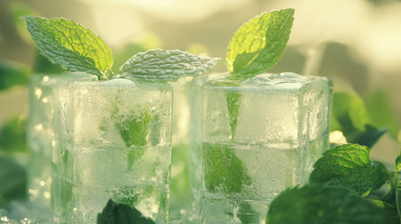 Experience the essence of refreshment with mint leaves encased in ice, surrounded by lush greenery, radiating coolness and natural beauty in a serene setting.の素材