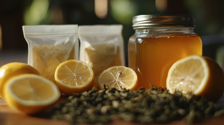 A vibrant arrangement featuring fresh lemon slices, a jar of honey, and loose tea leaves, illuminated by soft natural light to accentuate the freshness and health benefits of the ingredients.の素材