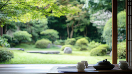 A serene view of a traditional Japanese garden featuring a wooden table with a teapot and tea cups, surrounded by beautiful greenery and natural tranquility perfect for relaxation.の素材