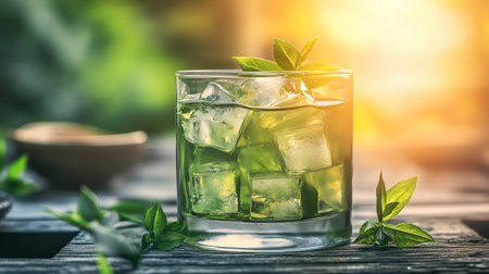 A vibrant glass filled with mint-infused iced beverage and ice cubes, beautifully illuminated by soft sunlight, perfect for refreshing summer moments.の素材