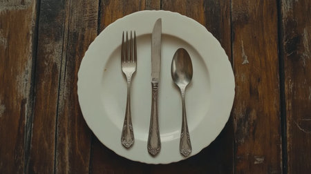 Discover the charm of a vintage table setting featuring elegant cutlery arranged on a white plate atop a rustic wooden table, perfect for inviting meals.の素材