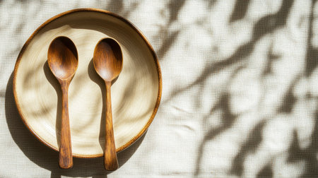 A serene composition featuring two wooden spoons on a ceramic plate, surrounded by gentle shadows and soft textures, perfect for showcasing culinary artistry.の素材