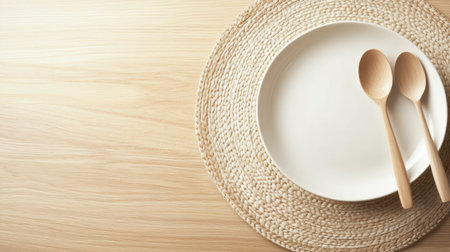 Captivating view of an empty white plate and wooden spoon on a natural fiber placemat, highlighting minimalist design on a light wooden table, perfect for any dining setting.の素材