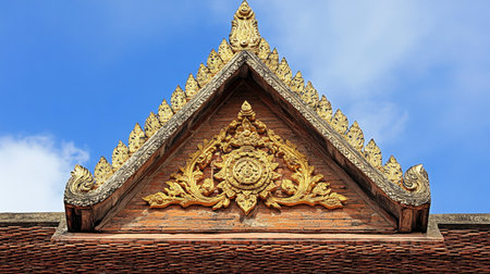 Discover the stunning beauty of traditional Southeast Asian architecture, showcasing a detailed golden gable ornament set against a vibrant blue sky. A perfect example of artistry and cultural heritage.の素材