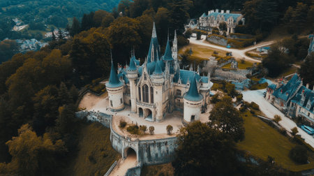 Breathtaking aerial view of a stunning castle nestled amidst lush greenery, featuring striking turrets and intricate architecture, perfect for travel and adventure enthusiasts.の素材