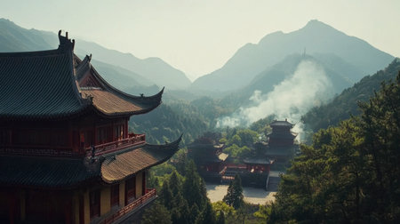 Discover a breathtaking view of ancient architecture nestled in mountains, surrounded by lush greenery and mist, radiating tranquility and natural beauty in the morning light.の素材