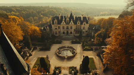 Stunning aerial perspective showcasing a historic mansion amidst vibrant autumn foliage, featuring immaculate gardens and serene surroundings perfect for storytelling or travel themes.の素材