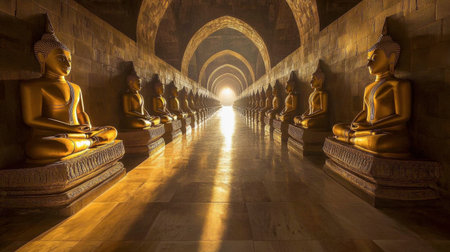 A mesmerizing scene featuring golden Buddha statues perfectly aligned in a tranquil sanctuary, with soft light reflecting on the pathway, promoting a sense of peace and serenity.の素材