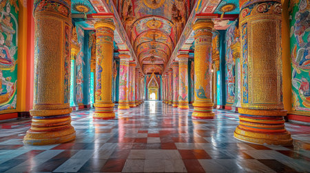 Explore the breathtaking interior of a colorful temple featuring ornate columns and intricate wall designs that reflect deep cultural heritage and spiritual tranquility.の素材
