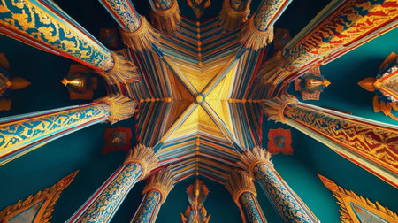 Stunning view of a beautifully detailed ceiling featuring elaborate columns and vibrant colors, showcasing intricate craftsmanship in historical architecture.の素材