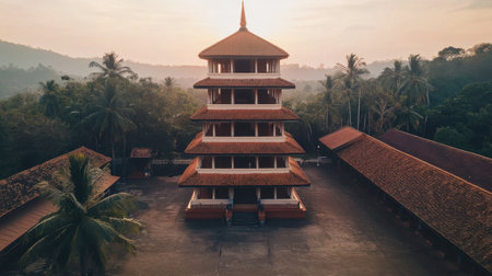 Capture the tranquil beauty of a traditional pagoda nestled among palm trees, revealing the serenity of nature in the early morning light, perfect for travel enthusiasts.の素材