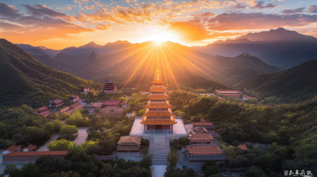 Breathtaking view of a temple complex at sunrise, surrounded by lush mountains and vibrant skies, showcasing a harmonious blend of nature and ancient architecture in tranquil surroundings.の素材