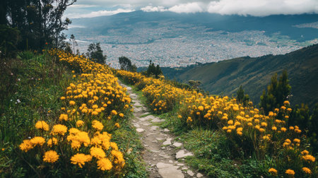 A beautiful pathway lined with vibrant yellow flowers leads through scenic hills, overlooking a sprawling city beneath a cloudy sky, perfect for nature lovers.の素材