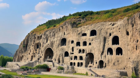 This captivating image features ancient caves meticulously carved into a rocky cliff, surrounded by lush greenery and a clear blue sky, offering a stunning visual of natural and historical beauty.の素材