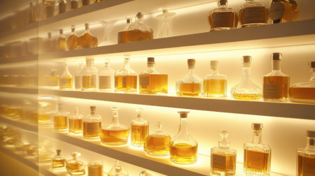 A stunning display of glass bottles with golden liquid on softly lit shelves, creating a warm and inviting atmosphere perfect for home or bar decor.の素材