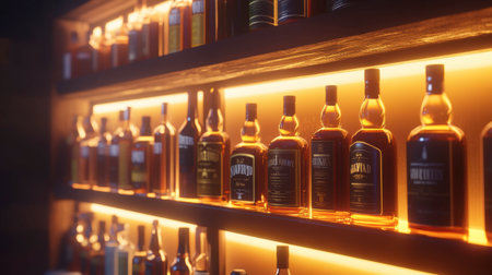 Visualize a stunning arrangement of whiskey bottles illuminated on a wooden shelf, creating a warm and inviting atmosphere perfect for any bar or lounge setting.の素材