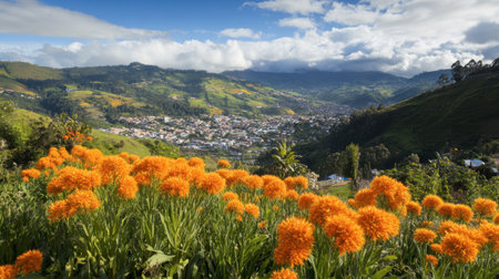 A breathtaking view featuring vibrant orange flowers blooming in a lush valley, revealing a charming town and rolling hills under a beautifully dramatic sky.の素材