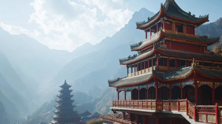 A stunning view of a traditional temple nestled in the mountains, with sunlight casting a beautiful glow on its intricate architecture against a serene backdrop.の素材