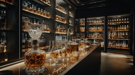 Discover a luxurious whiskey collection displayed in an elegant bar, featuring beautifully arranged glassware and illuminated bottles creating a sophisticated atmosphere.の素材