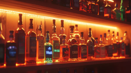 A captivating arrangement of various liquor bottles illuminated with warm lighting, showcasing the beauty of spirits in an inviting bar-like setting.の素材