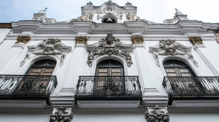 Discover the stunning beauty of a colonial-era building showcasing elaborate architectural details, elegant balconies, and intricate craftsmanship against the sky.の素材